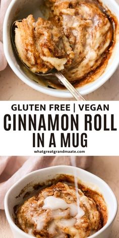 cinnamon roll in a mug with cream being drizzled over it and the text gluten free vegan cinnamon roll in a mug