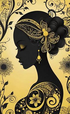 a woman's profile with flowers and swirls around her head, on a yellow background