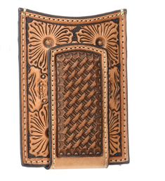 a brown leather wallet with an intricate design