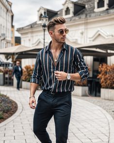 Stylish casual outfit ideas for men #casualoutfits Formal Summer Outfits Men, Casual Formal Outfit Men, Vertical Striped Shirt Outfit, Striped Shirt Outfit Men, Outfits With Striped Shirts, Vertical Striped Shirt, Formal Dresses For Men, Cuban Shirts