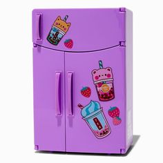 a purple refrigerator with stickers on the doors and handles, in front of a white background