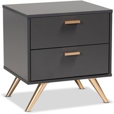 a black and gold nightstand with two drawers on one side, the other is open