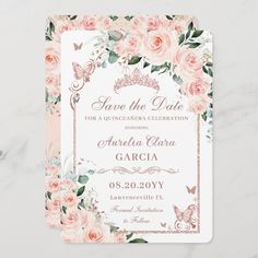 wedding save the date card with pink roses and butterflies