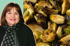 a woman standing next to a pile of brussel sprouts and a photo of