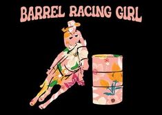 the barrel racing girl logo is shown on a black background with pink and yellow flowers