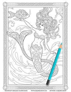 an adult coloring book with a mermaid on the cover and a pencil next to it