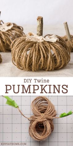 three twine pumpkins on a table Twine Diy, Easy Fall Crafts, Manualidades Halloween, Diy Thanksgiving