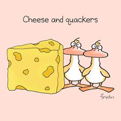 two ducks standing next to a block of cheese and the words cheese and crackers