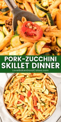 Pork Zucchini Skillet Dinner pin collage Sausage Alfredo Pasta, Zucchini Skillet, Skillet Dishes, Savory Meals, Easy Skillet, Cook Dinner, Budget Recipes, Skillet Dinners, Delicious Pasta