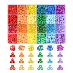 many colors of beads in a plastic container with different sizes and shapes to choose from