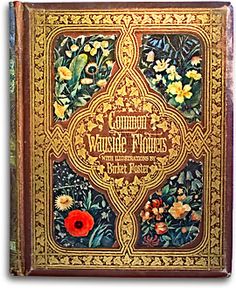 an old book with flowers and leaves on the front cover, sitting on a table