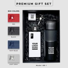 the gift set includes an empty bottle, travel mug, and other items in its box