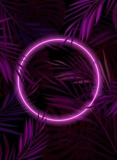 the neon circle is surrounded by palm leaves and purple lights on a black background with pink highlights