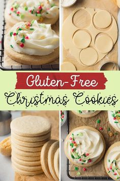 christmas cookies with white frosting and sprinkles on the top are shown