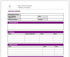 a meeting agenda is shown in purple and white