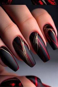 Nails Dark Red Design, Black Red Gold Nails, Red Black Gold Nails, Black And Red Nails Ideas, Red Manicure Ideas, Nails Black And Red, Black And Red Nails, Black And Gold Nails, Burgundy Acrylic Nails