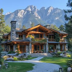 a large house in the middle of a forest with mountains in the backgroud