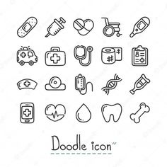 the doodle icon set includes different medical items