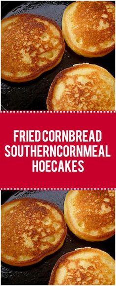 fried cornbreads are being cooked in a cast iron skillet with red border