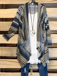 Multi Casual Stripe Printed Long Sleeve Cardigan Trendy Plus Size Fashion, Casual Cardigans, Striped Sleeve, Casual Stripes, Plus Size Kleidung, Printed Cardigan, Wedding Weekend, Printed Tank Tops, Trendy Plus Size