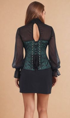 Experience the luxurious feel of satin with our Natalie Green Overbust Corset. This stunning corset is designed with a beautiful satin print, elevating any outfit with a touch of sophistication. Its overbust design provides excellent support and shaping, making you feel confident and comfortable all day. Upgrade your style with our Natalie Green Overbust Corset. Best for Height : 5'.3" and Above Bone Casing : All bones are placed under cotton bone casing Boning : 10 Spiral Steel Bones & 4 Flat Steel Bones Dimensions : Center Front - 15" / Back - 13" / Side - 12" Fabrics : Shell Fabric - Satin with Chiffon/ Lining-100% Cotton Lacing : 6.5-7 Mtr long back lacing Modesty Panel : 6 inches wide Opening : Metal busk front opening Pattern Name : Wanda Suspender Loops : 6 loops Please Note : The c Fitted Corset Belt For Halloween Night Out, Fitted Green Corset Dress For Costume Party, Elegant Green Corset Dress With Boned Bodice, Overbust Satin Corset For Evening, Satin Fitted Corset Dress For Costume Party, Green Fitted Corset Dress For Formal Events, Green Fitted Corset Dress For Formal Occasions, Satin Finish Overbust Corset For Evening, Elegant Fitted Corset Belt For Night Out