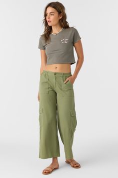 Effortlessly stylish woven cargo pant that features a relaxed fit design and solid color wash. O'Neill Women's woven cargo pant 28" Inseam 10 1/4" Rise Cargo pockets at side Welt pockets at back Solid color wash 100% Cotton Twill | O'Neill Women's Brexton Cargo Pants in Oil Green, Size XL, Twill Casual Khaki Bottoms With Flap Pockets, Casual Mid-rise Cargo Pants, Mid-rise Khaki Cargo Jeans With Patch Pockets, Khaki Mid-rise Cargo Jeans With Patch Pockets, Casual Green Bottoms With Cargo Pockets, Casual Mid-rise Cargo Jeans, Green Relaxed Fit Mid-rise Cargo Pants, Green Relaxed Fit Cargo Jeans With Multiple Pockets, Green Utility Cargo Jeans With Relaxed Fit