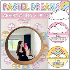 a woman taking a selfie in front of a mirror with the words pastel dreams affirmation station on it