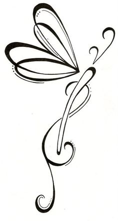 a black and white drawing of a dragonfly with swirls on it's wings