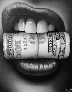 a black and white photo of a woman's lips holding a roll of money