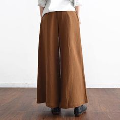 Spring Casual Linen Women Pants Elastic Waist Loose Fashion Wide Leg Pants Brown High Waist Relaxed Fit Bottoms, Non-stretch Brown Wide Leg Pants With Pockets, Brown Wide Leg Ankle-length Pants With Pockets, Brown Wide Leg Pants With Pockets, Brown Ankle-length Wide Leg Pants With Pockets, High-waist Cotton Harem Pants In Brown, Beige Wide-leg Harem Pants For Fall, High Waist Brown Cotton Harem Pants, High-waisted Brown Harem Pants For Spring