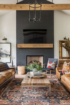 a living room filled with furniture and a flat screen tv mounted on the wall above a fireplace