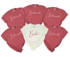 six bridesmaid t - shirts in red and white with the word bridal on them