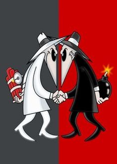 two cartoon characters are holding hands and one is wearing a black suit, the other has a red tie