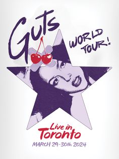 the poster for guts world tour with cherries on her face and cherry - eye glasses