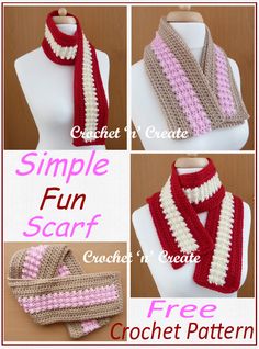 four different crocheted scarves are shown with the text, simple fun scarf