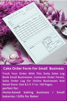 cake order form for small business with purple flowers and rings on the table next to it