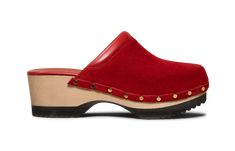 The Greta - Sunset Red - Suede - M.Gemi Wooden Clogs, Laurel Burch, Comfortable Flats, Eva Sole, Green Suede, Red Suede, Dansko Professional Clog, Red Shoes, Me Too Shoes