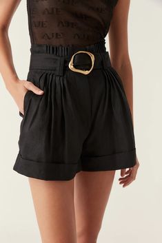 Byblos Belted Linen Short | Black | Aje – Aje World Chic Belted Short Bottoms, Chic Short Bottoms With Belt Detail, Spring High Waist Shorts With Belt Detail, Chic Workwear Shorts With Belt Detail, Belted Paperbag Waist Shorts For Work, Elegant High-waisted Shorts With Belt Loops, Elegant Bermuda Shorts With Belt Loops, Chic Shorts With Belt Detail For Spring, Chic Belted Shorts For Summer