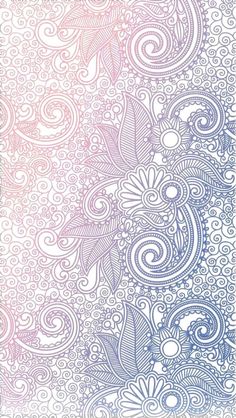 an ornate blue and pink background with swirls, leaves and flowers on white paper