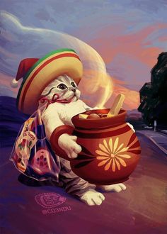 a painting of a cat with a mexican hat