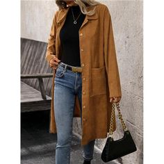 -Item Id 41044093 -Details: Pocket, Button -Neckline: Collar -Placket: Single Breasted -Sleeve Type: Regular Sleeve -Style: Casual -Type: Other -Hem Shaped: Asymmetrical -Color: Brown -Pattern Type: Plain -Sleeve Length: Long Sleeve -Length: Knee Length -Fit Type: Loose -Fabric: Non-Stretch -Material: Corduroy -Composition: 97% Polyester, 3% Elastane -Care Instructions: Machine Wash Or Professional Dry Clean -Lined For Added Warmth: No -Temperature: Spring/Fall (18-25/63-77) -Belt: No -Pockets: Solid Outerwear With Button Closure For Everyday, Everyday Long Coat With Buttons, Everyday Fall Outerwear In Solid Color, Chic Outerwear With Buttoned Pockets, Winter Outerwear With Button Closure For Day Out, Chic Outerwear With Button Cuffs For Day Out, Casual Single-breasted Outerwear For Office, Lapel Collar Outerwear With Buttons For Day Out, Collared Single Breasted Outerwear For Day Out