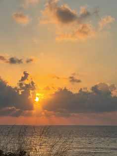 the sun is setting over the ocean with clouds in the sky and grass on the shore