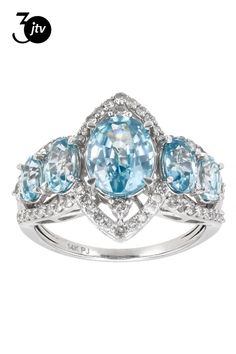 Park Avenue Collection�� 4.70ctw 9x7mm, 6x4mm and 5x3mm oval blue zircon with 0.52ctw round white diamond, rhodium over 14k white gold center design ring. Measures approximately 13/16"L x 5/8"W and is sizeable. Design Center, Park Avenue, Blue Zircon, White Diamond, Ring Designs, White Gold, Ring, Gold, Blue