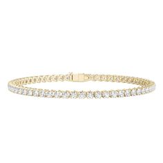 10K yellow gold tennis bracelet with 60 round brilliant cut diamonds weighing approximately 3 ct. tw. 7 inches in length | 3 ct. tw. Diamond Tennis Bracelet | 10K Yellow Gold | Size 7" | Helzberg Diamonds Gold Tennis Bracelet, Pandora Gold, Helzberg Diamonds, Diamond Tennis Bracelet, Bracelets Gold Diamond, Gold Diamond Jewelry, Hinged Bracelet, Stacked Jewelry, Tennis Bracelet Diamond