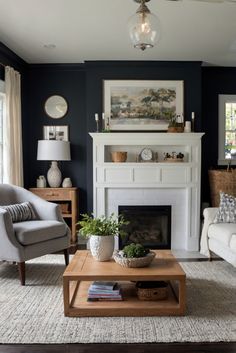 a living room filled with furniture and a fire place