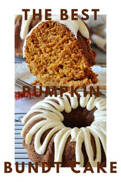 the best pumpkin bundt cake with white frosting on top is cut in half