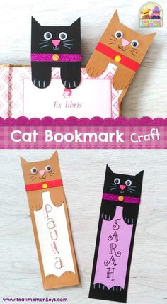 three cat crafts made out of paper with the words gato marcpaginas on them