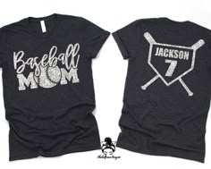 two baseball mom shirts with bats on them