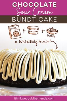 chocolate sour cream bundt cake with icing on top and instructions to make it