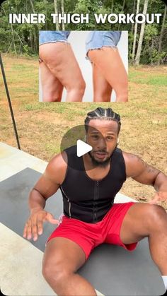 a man sitting on top of a skateboard in front of a park with the words inner thigh workout